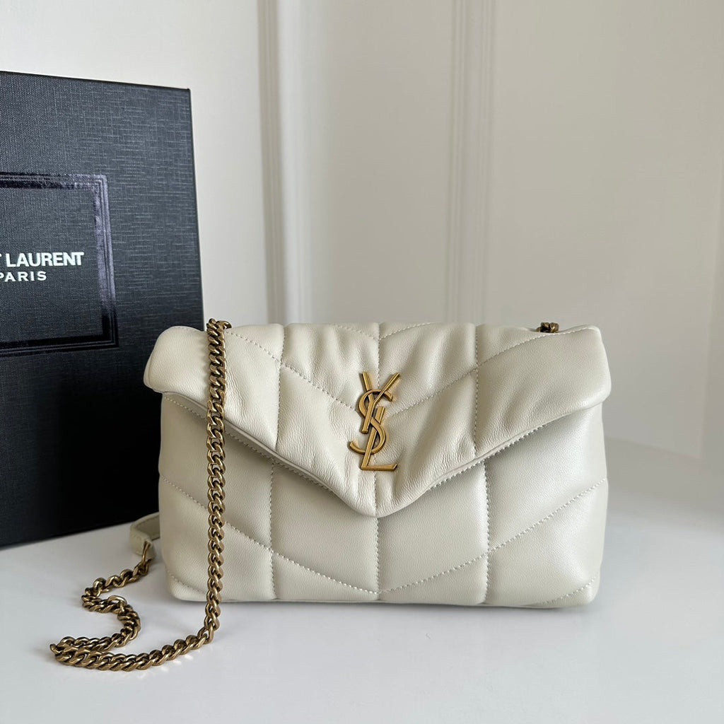 YSL Loulou Puffer Toy Quilted Lambskin Shoulder Crossbody Bag with Chain Strap White (23 x 15.5 x 8.5) cm